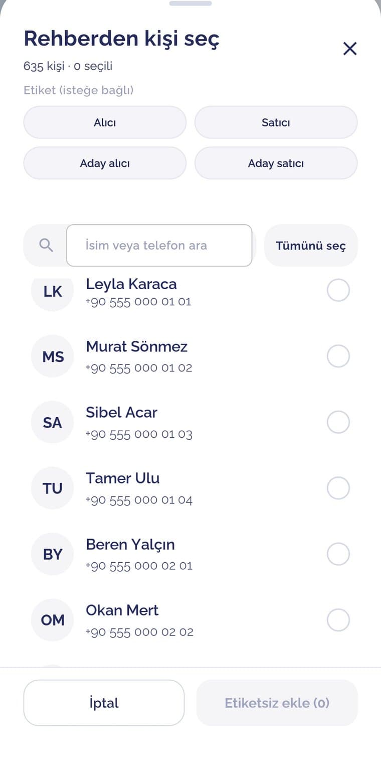 Rehberden kişi seçme ekranı
